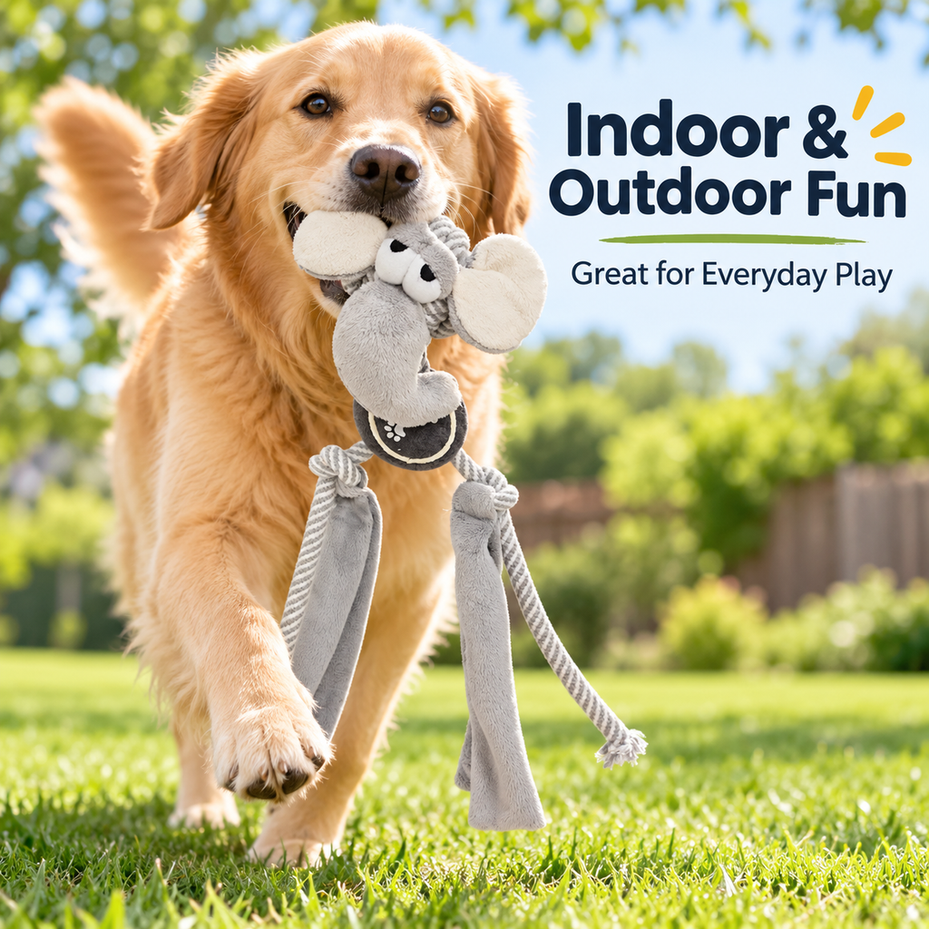 Squeaky Plush Dog Toy with Rope Tug Legs, Crinkle Texture & Tennis Ball Center for Interactive Indoor Outdoor Play, 13.39 in