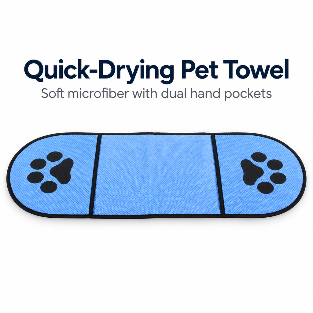 Quick-Drying Microfiber Pet Towel with Dual Hand Pockets, Super Absorbent Grooming Bath Towel for Dogs & Cats, 25.6 in