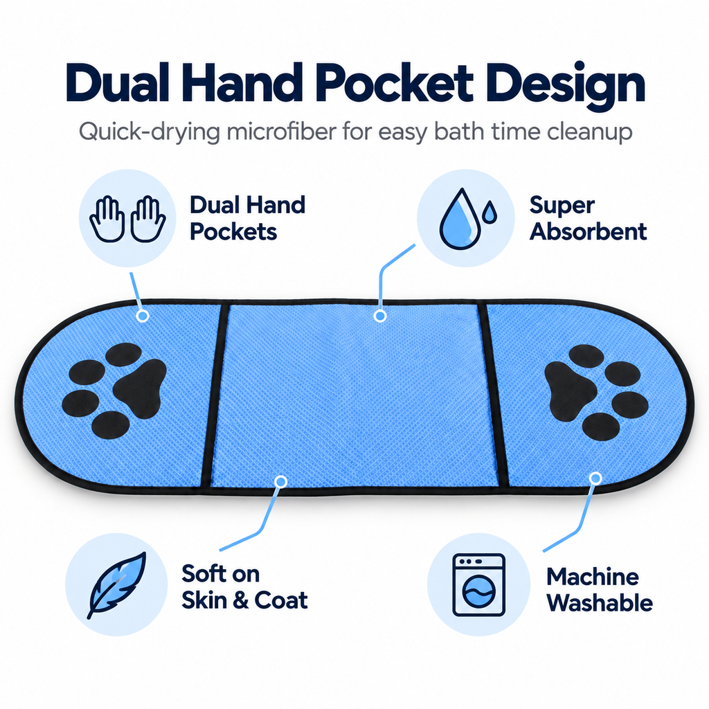 Quick-Drying Microfiber Pet Towel with Dual Hand Pockets, Super Absorbent Grooming Bath Towel for Dogs & Cats, 25.6 in