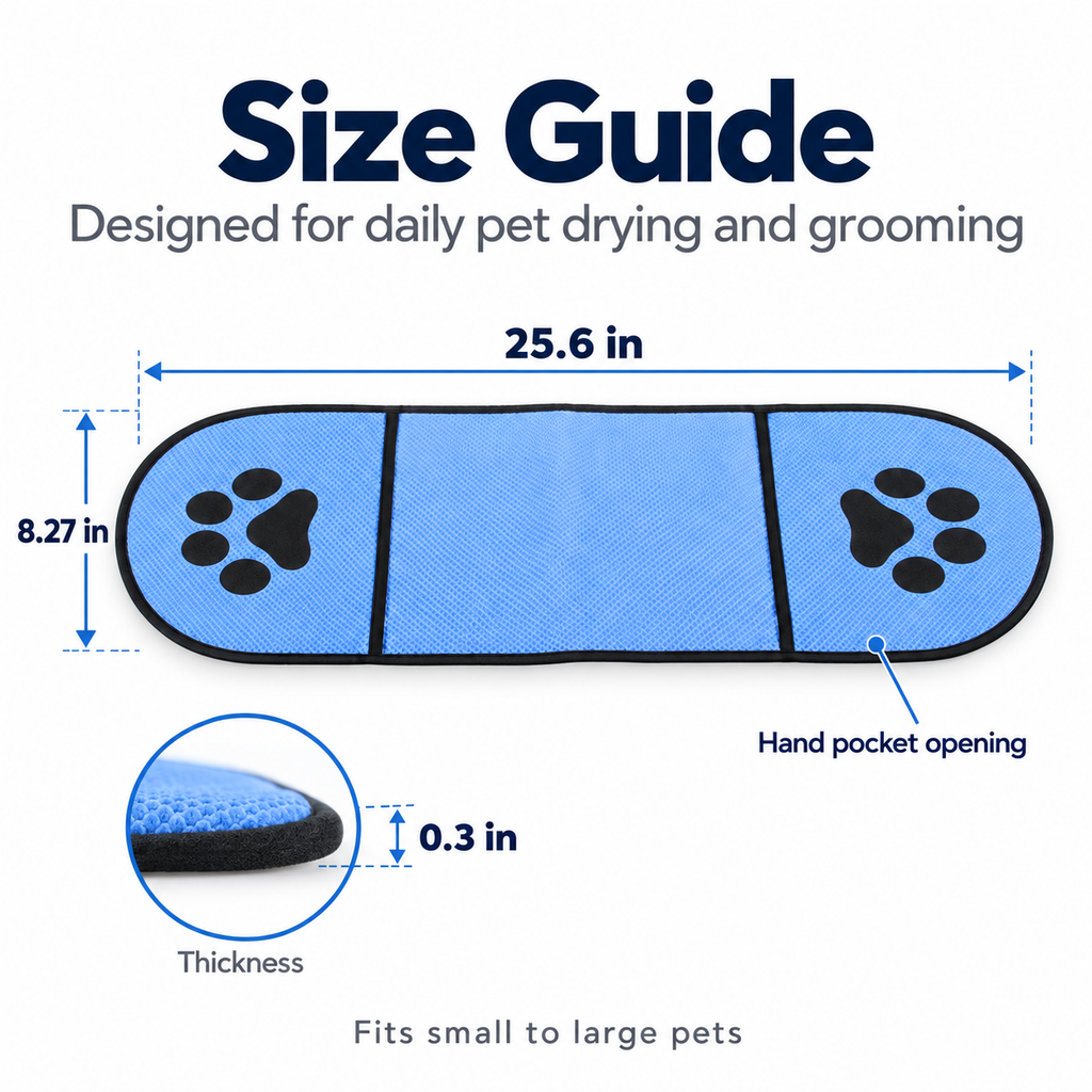 Quick-Drying Microfiber Pet Towel with Dual Hand Pockets, Super Absorbent Grooming Bath Towel for Dogs & Cats, 25.6 in