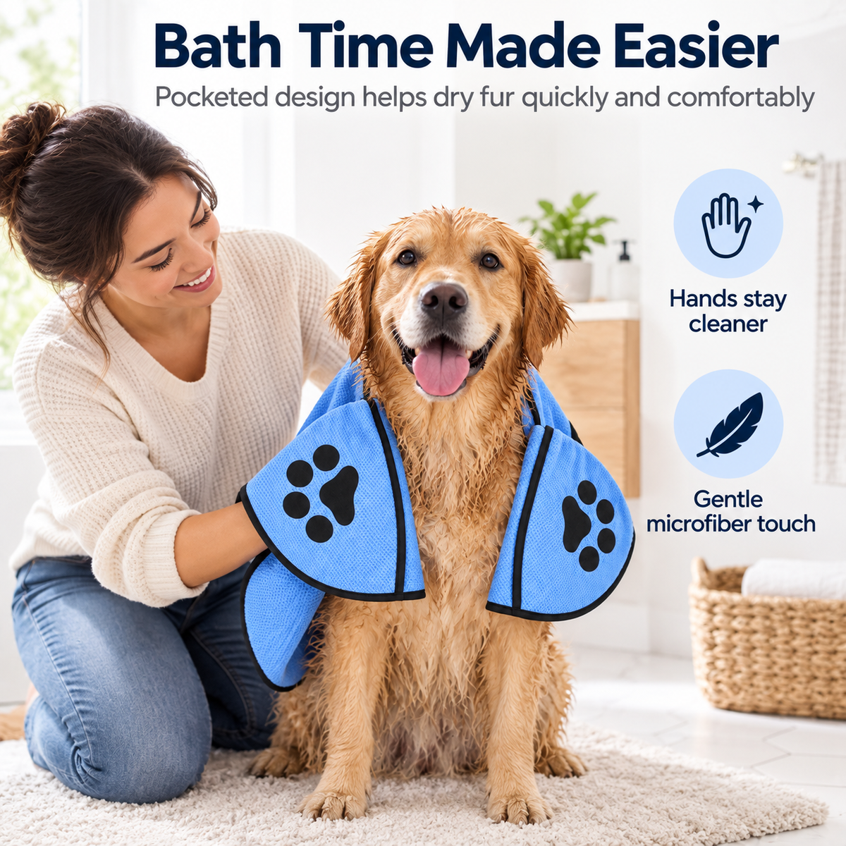 Quick-Drying Microfiber Pet Towel with Dual Hand Pockets, Super Absorbent Grooming Bath Towel for Dogs & Cats, 25.6 in