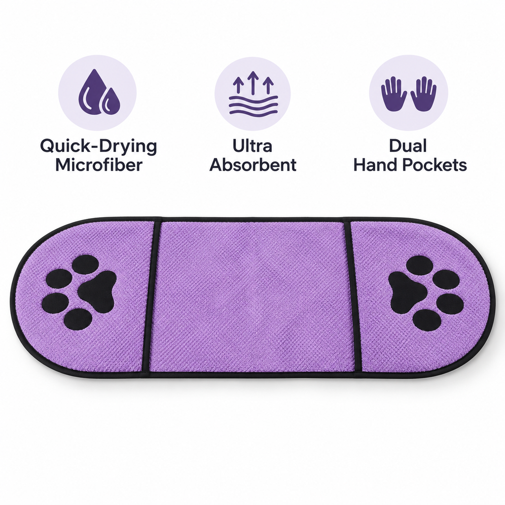 Quick-Drying Microfiber Pet Towel with Dual Hand Pockets, Super Absorbent Grooming Bath Towel for Dogs & Cats, 25.6 in