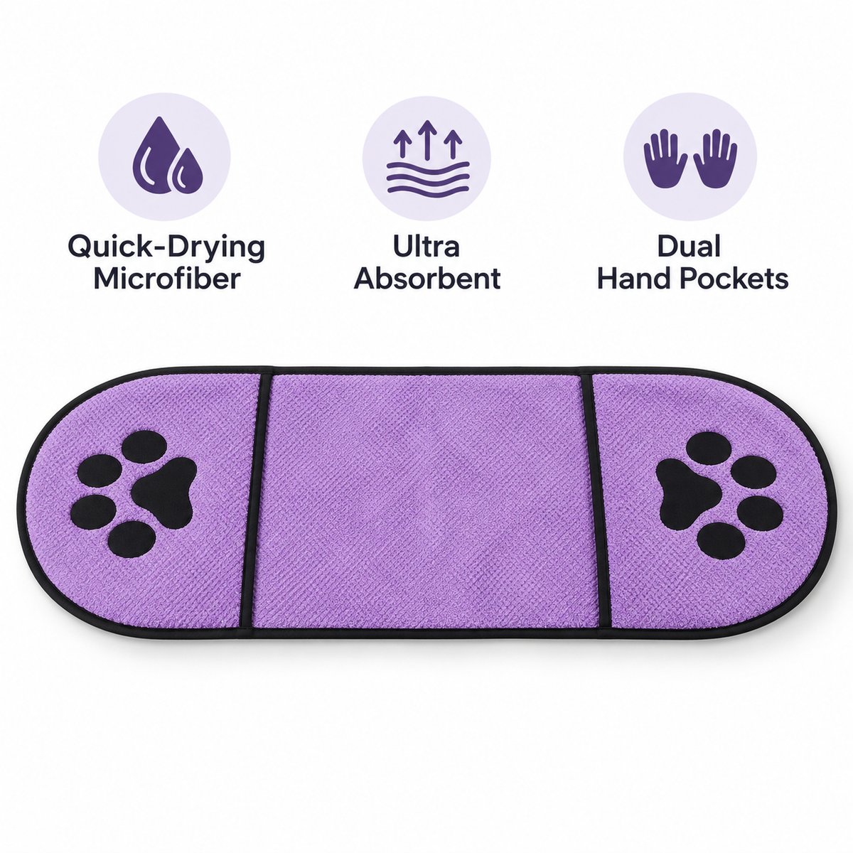Quick-Drying Microfiber Pet Towel with Dual Hand Pockets, Super Absorbent Grooming Bath Towel for Dogs & Cats, 25.6 in