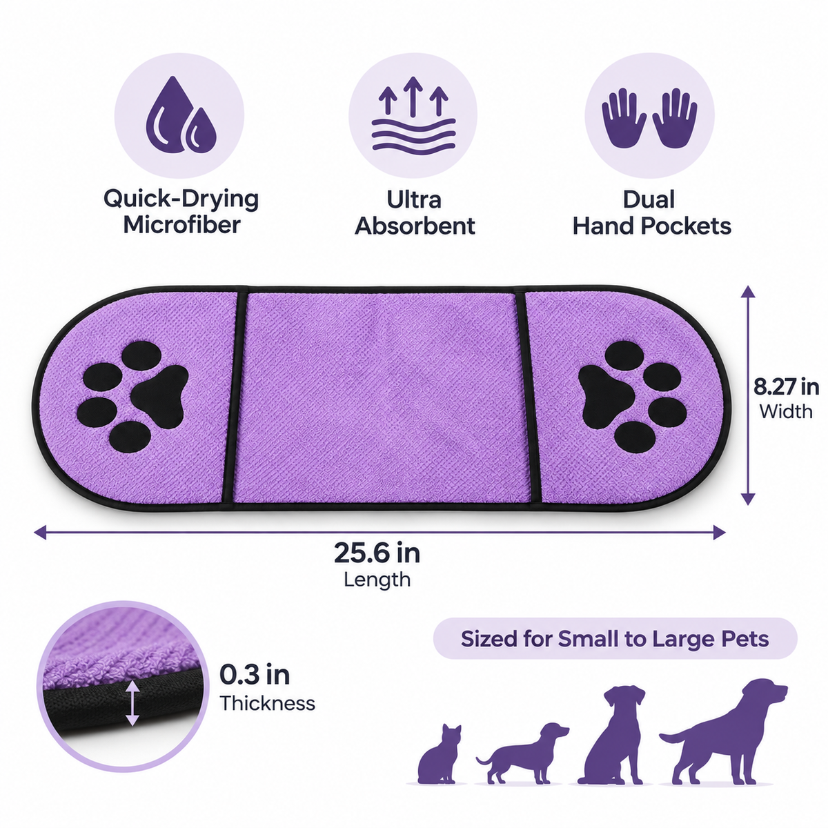Quick-Drying Microfiber Pet Towel with Dual Hand Pockets, Super Absorbent Grooming Bath Towel for Dogs & Cats, 25.6 in