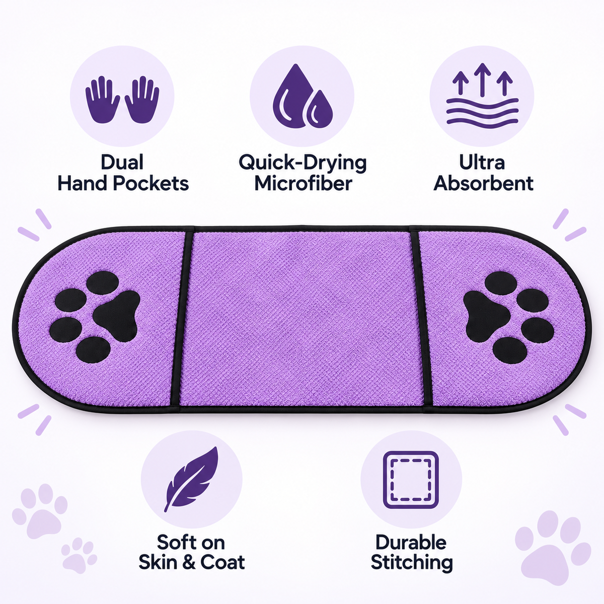 Quick-Drying Microfiber Pet Towel with Dual Hand Pockets, Super Absorbent Grooming Bath Towel for Dogs & Cats, 25.6 in