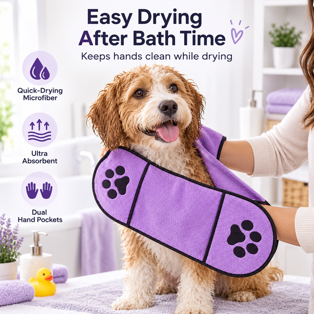 Quick-Drying Microfiber Pet Towel with Dual Hand Pockets, Super Absorbent Grooming Bath Towel for Dogs & Cats, 25.6 in