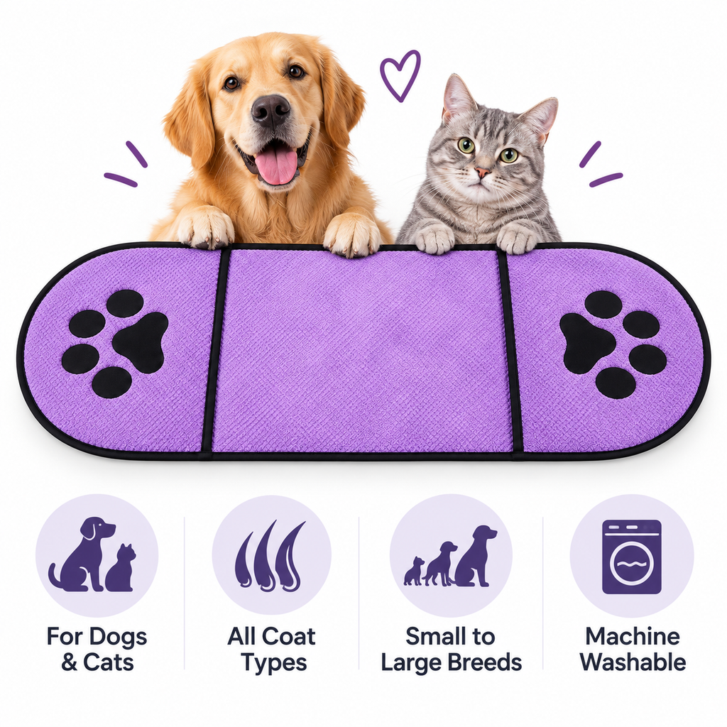 Quick-Drying Microfiber Pet Towel with Dual Hand Pockets, Super Absorbent Grooming Bath Towel for Dogs & Cats, 25.6 in