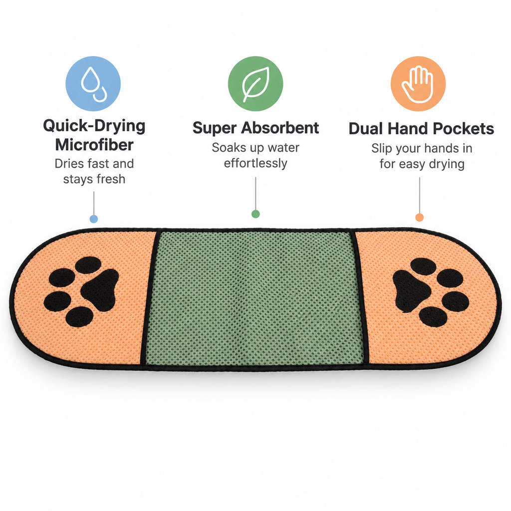 Quick-Drying Microfiber Pet Towel with Dual Hand Pockets, Super Absorbent Grooming Bath Towel for Dogs & Cats, 25.6 in