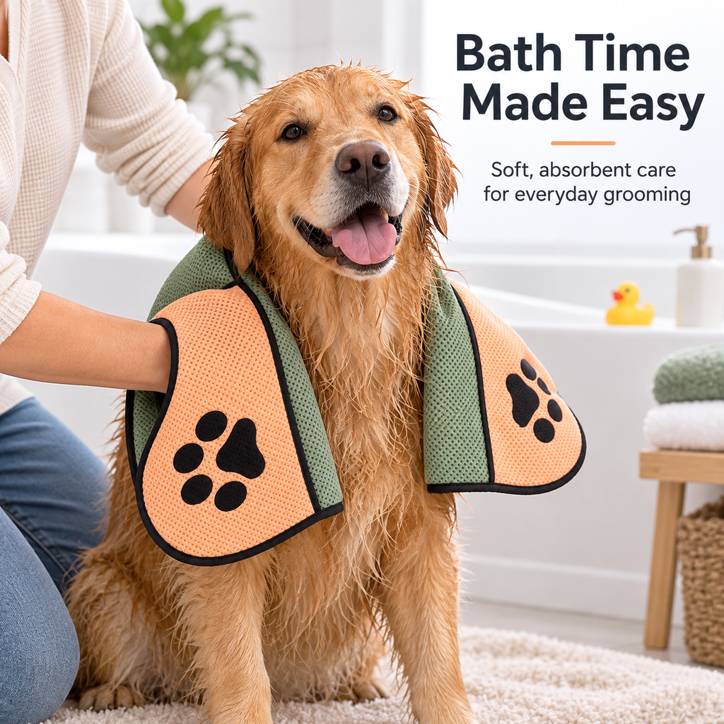 Quick-Drying Microfiber Pet Towel with Dual Hand Pockets, Super Absorbent Grooming Bath Towel for Dogs & Cats, 25.6 in