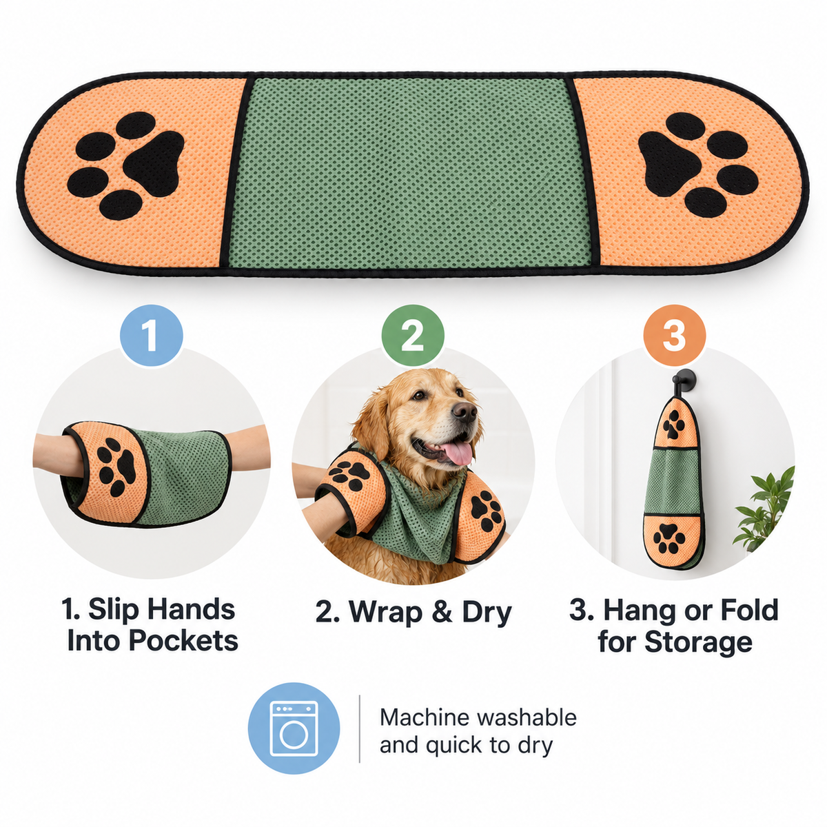 Quick-Drying Microfiber Pet Towel with Dual Hand Pockets, Super Absorbent Grooming Bath Towel for Dogs & Cats, 25.6 in