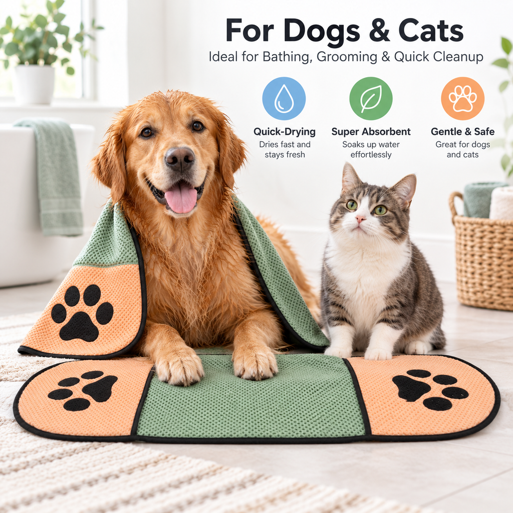 Quick-Drying Microfiber Pet Towel with Dual Hand Pockets, Super Absorbent Grooming Bath Towel for Dogs & Cats, 25.6 in