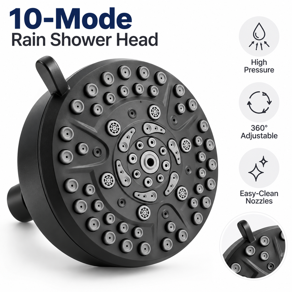 High-Pressure 10-Mode Rain Shower Head, 4.7 in Fixed Showerhead with 360° Swivel Joint & Easy-Clean Nozzles, Black