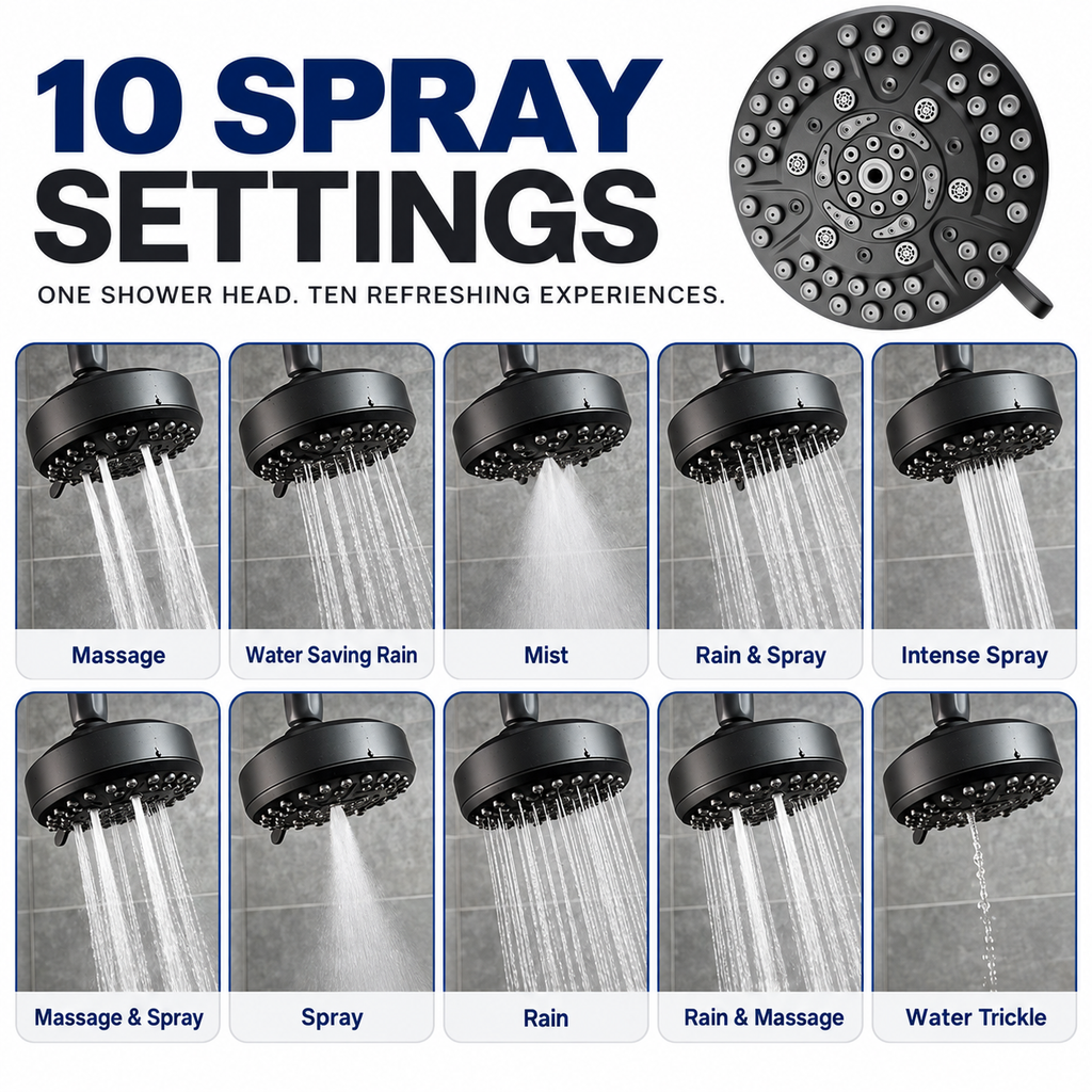 High-Pressure 10-Mode Rain Shower Head, 4.7 in Fixed Showerhead with 360° Swivel Joint & Easy-Clean Nozzles, Black