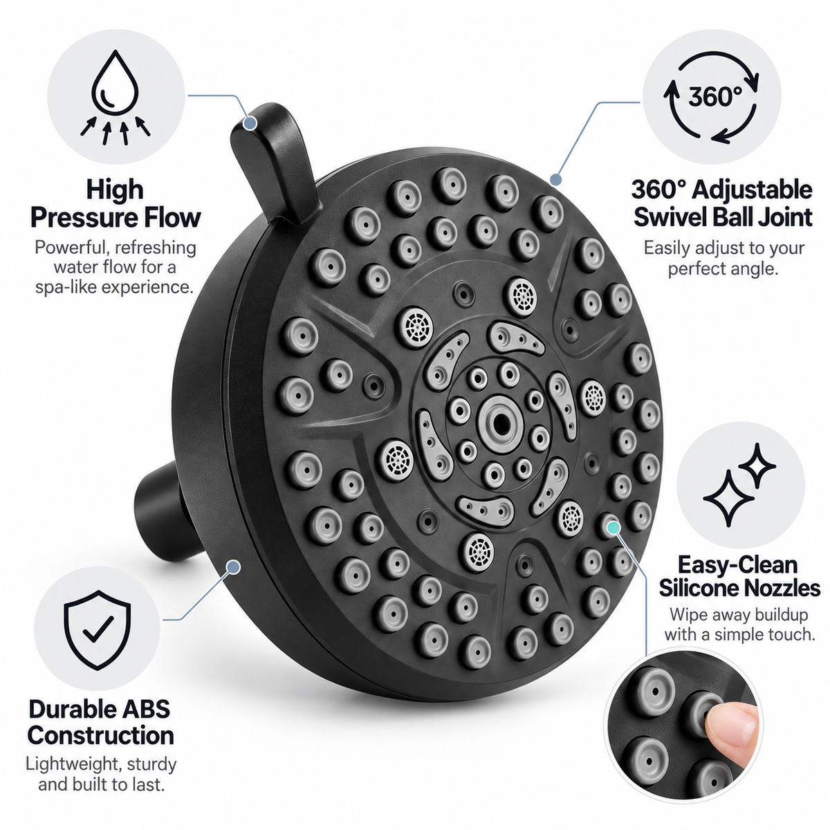 High-Pressure 10-Mode Rain Shower Head, 4.7 in Fixed Showerhead with 360° Swivel Joint & Easy-Clean Nozzles, Black