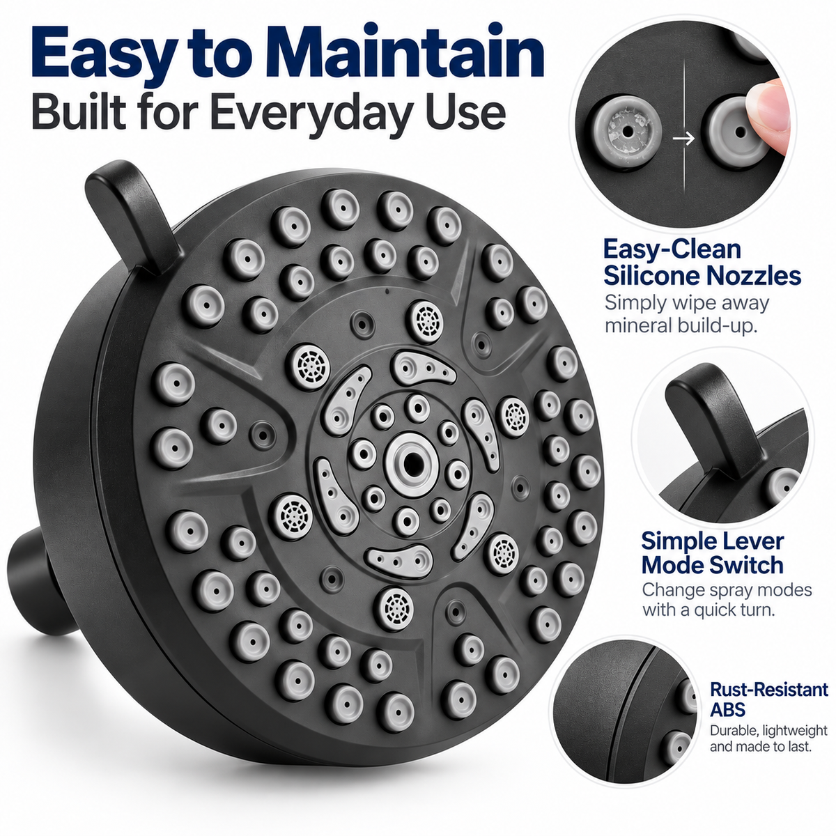 High-Pressure 10-Mode Rain Shower Head, 4.7 in Fixed Showerhead with 360° Swivel Joint & Easy-Clean Nozzles, Black