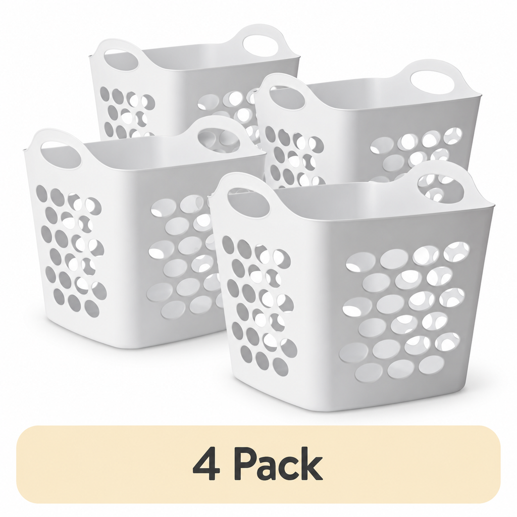 4-Pack Plastic Laundry Baskets with Handles, 0.7 Bushel Flexible Ventilated Hampers for Clothes & Home Storage, White