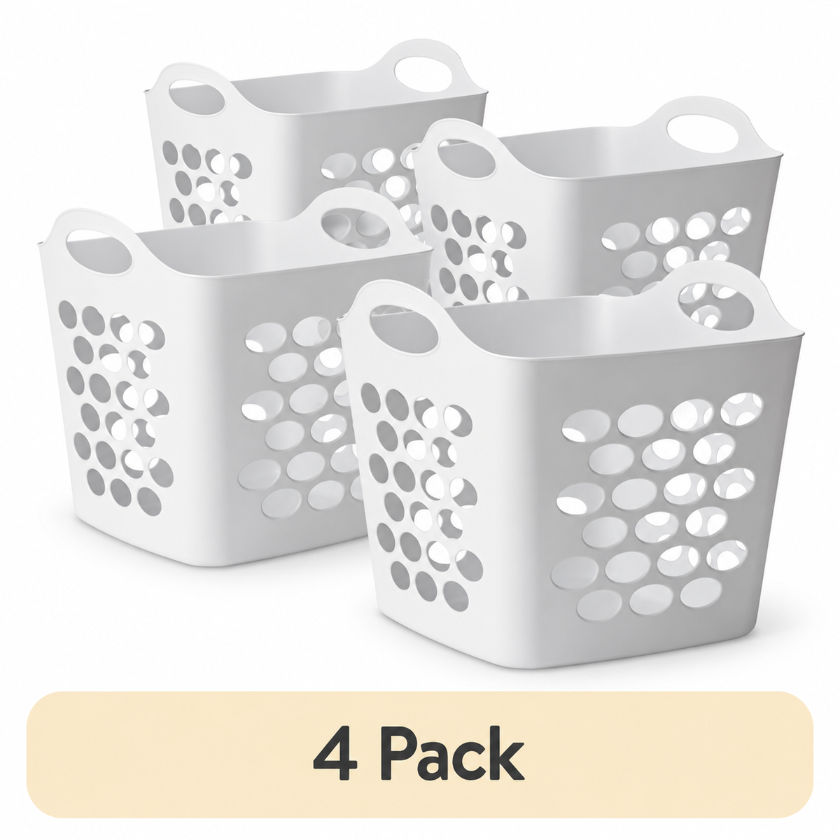 4-Pack Plastic Laundry Baskets with Handles, 0.7 Bushel Flexible Ventilated Hampers for Clothes & Home Storage, White