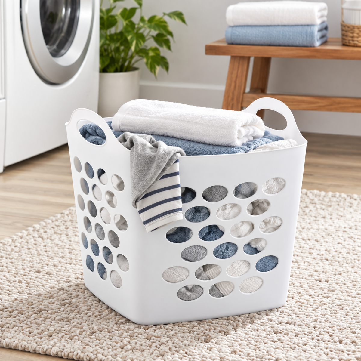 4-Pack Plastic Laundry Baskets with Handles, 0.7 Bushel Flexible Ventilated Hampers for Clothes & Home Storage, White
