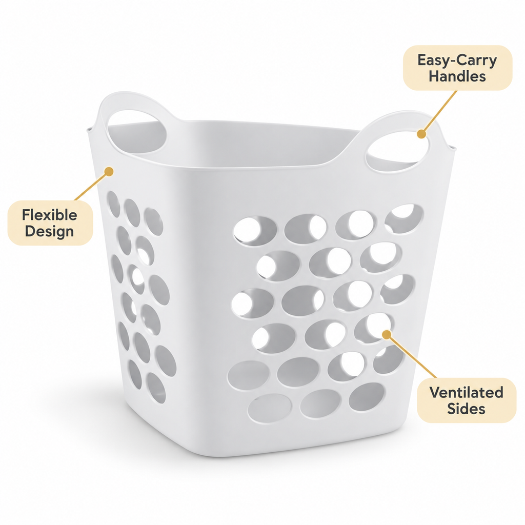 4-Pack Plastic Laundry Baskets with Handles, 0.7 Bushel Flexible Ventilated Hampers for Clothes & Home Storage, White