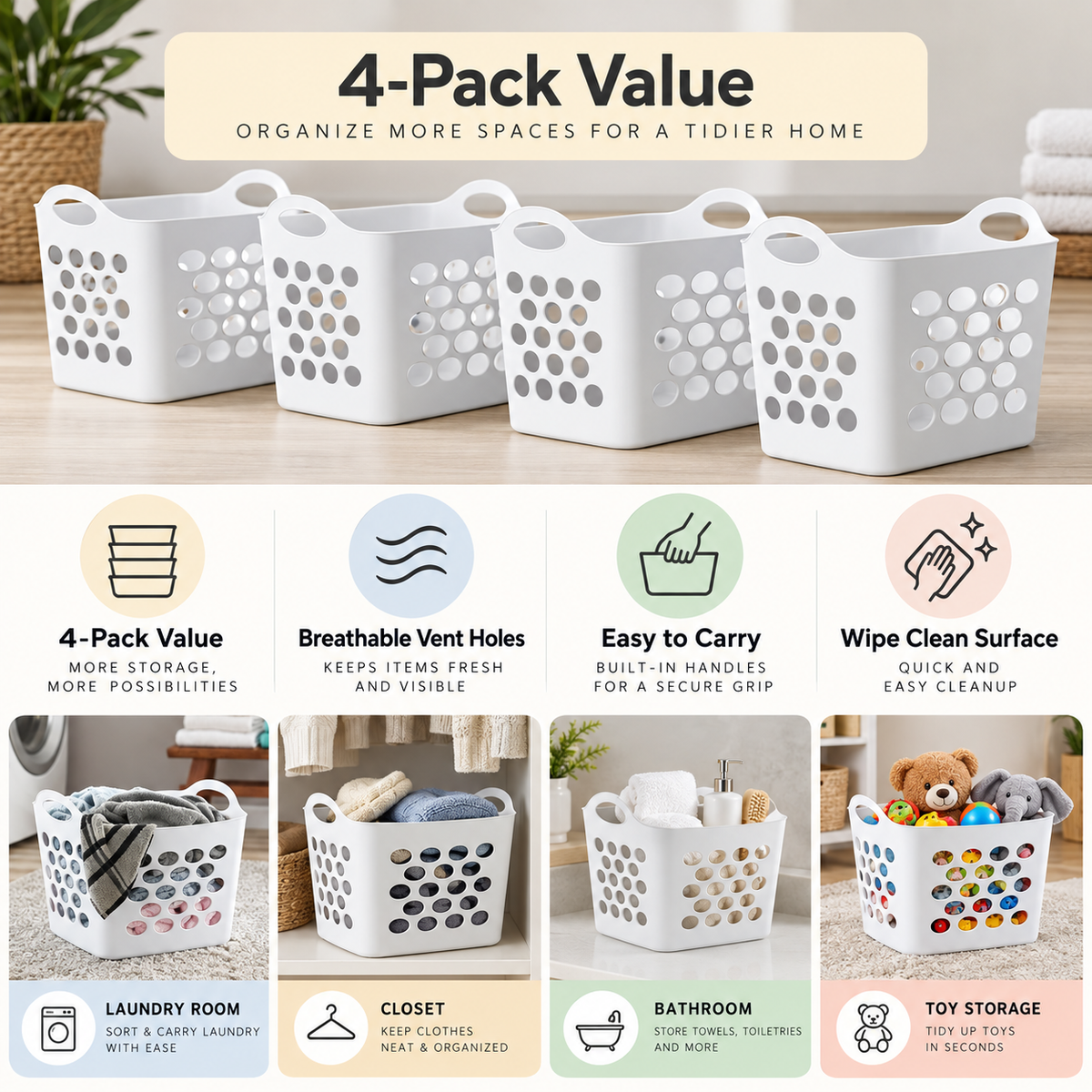 4-Pack Plastic Laundry Baskets with Handles, 0.7 Bushel Flexible Ventilated Hampers for Clothes & Home Storage, White