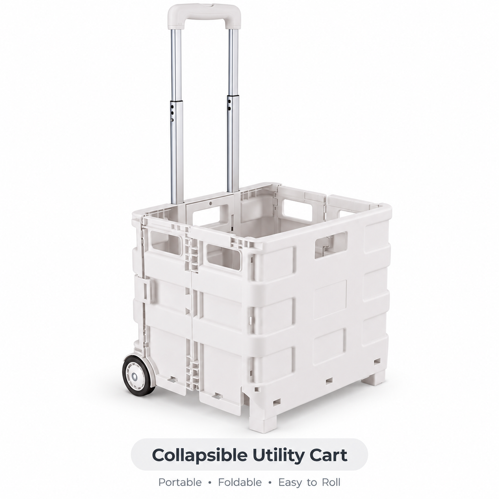 Collapsible Utility Rolling Cart with Wheels, 55 lb Capacity, Adjustable Handle, Foldable Storage Cart