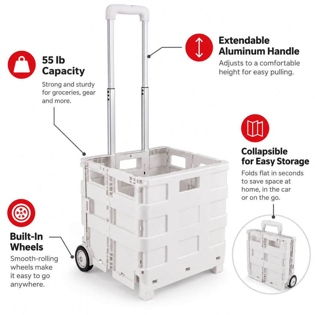 Collapsible Utility Rolling Cart with Wheels, 55 lb Capacity, Adjustable Handle, Foldable Storage Cart