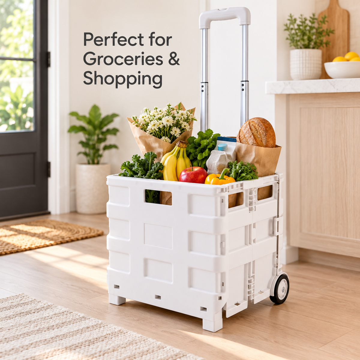 Collapsible Utility Rolling Cart with Wheels, 55 lb Capacity, Adjustable Handle, Foldable Storage Cart
