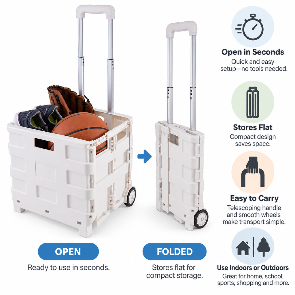 Collapsible Utility Rolling Cart with Wheels, 55 lb Capacity, Adjustable Handle, Foldable Storage Cart