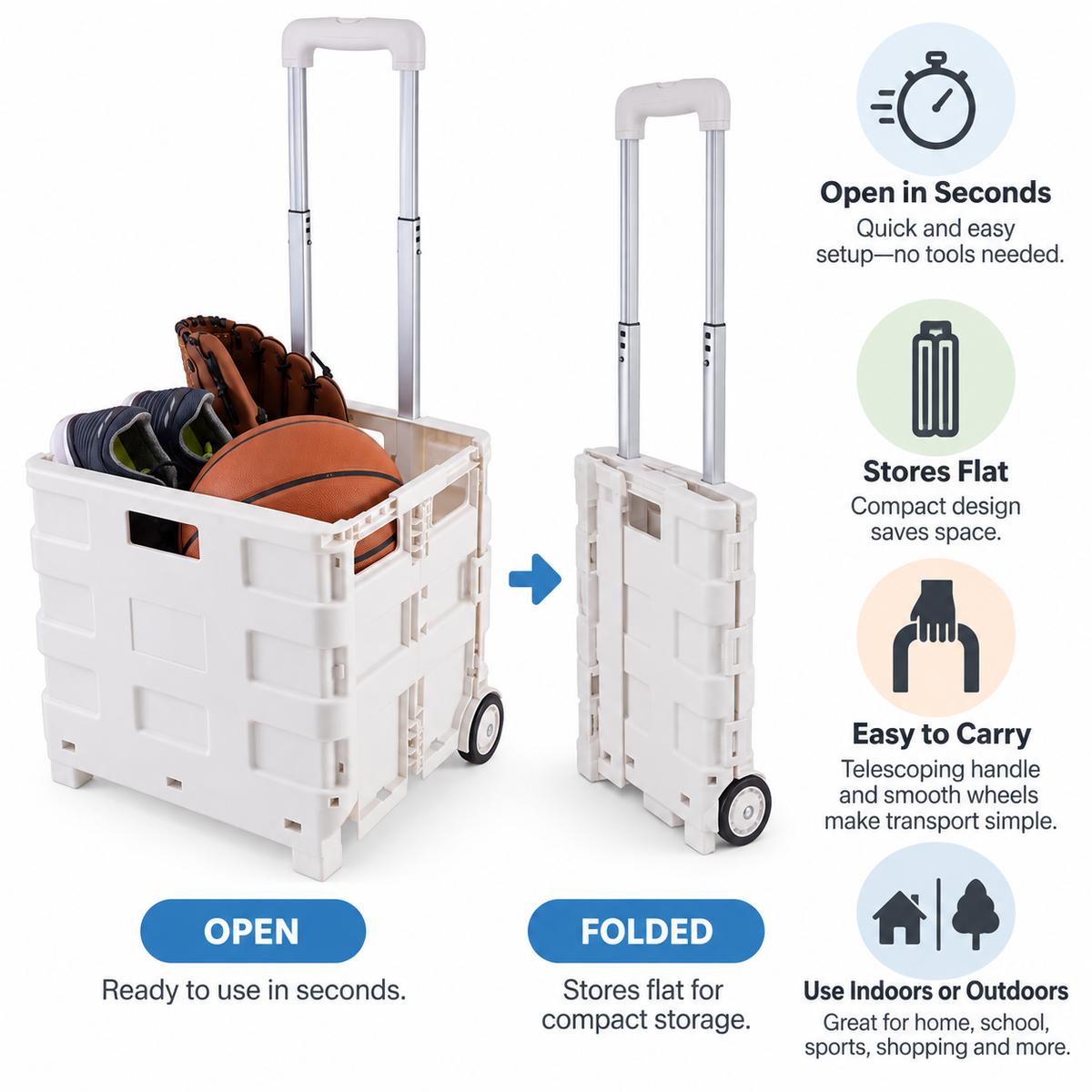 Collapsible Utility Rolling Cart with Wheels, 55 lb Capacity, Adjustable Handle, Foldable Storage Cart