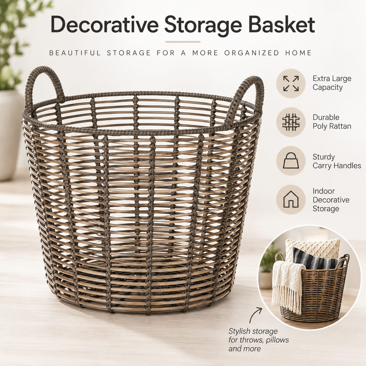Extra Large Round Woven Storage Basket with Handles, Poly Rattan Organizer for Blankets & Pillows, 18.7 in