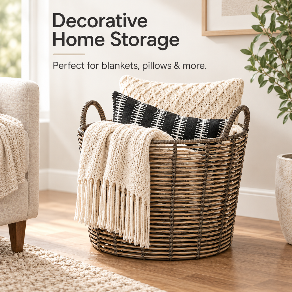 Extra Large Round Woven Storage Basket with Handles, Poly Rattan Organizer for Blankets & Pillows, 18.7 in