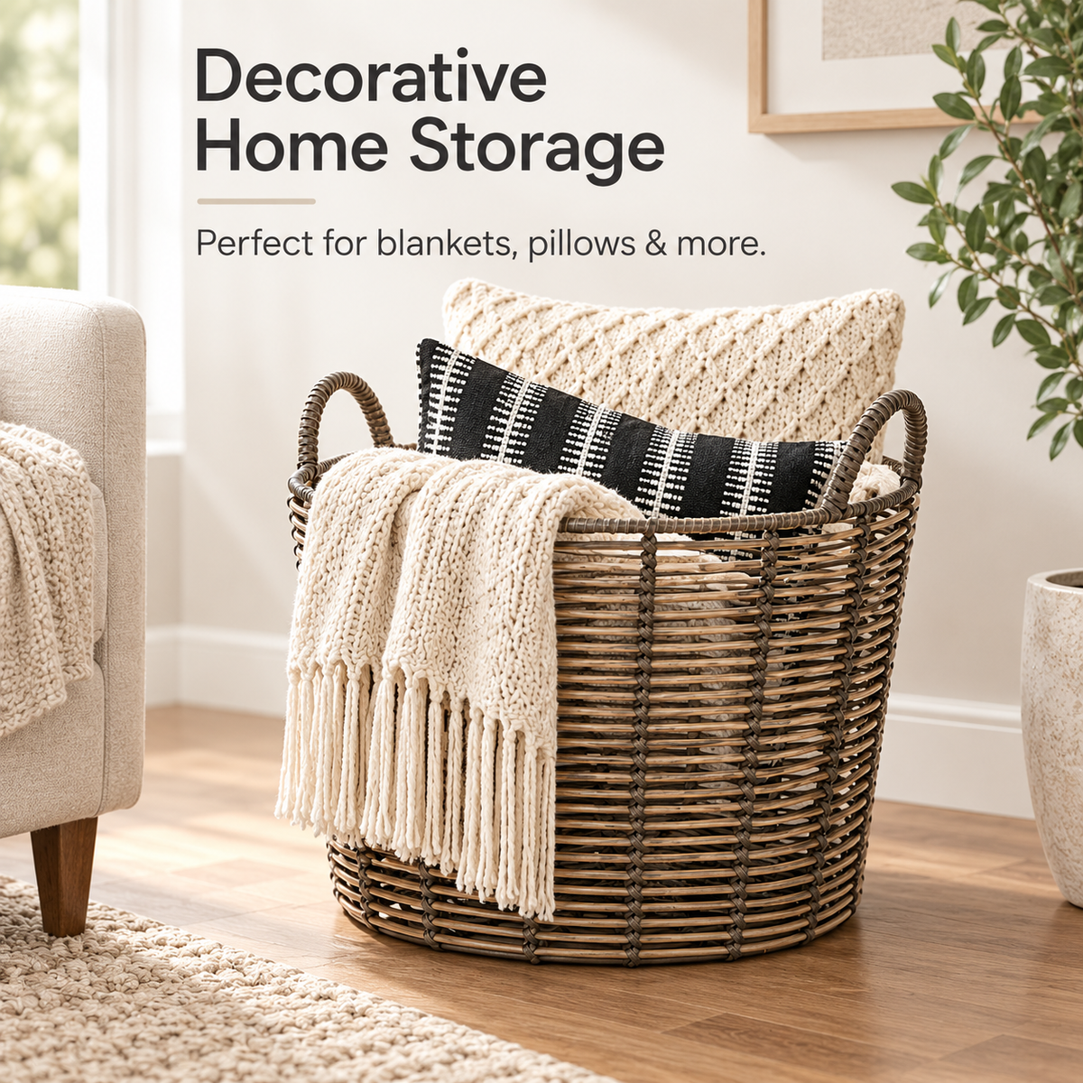 Extra Large Round Woven Storage Basket with Handles, Poly Rattan Organizer for Blankets & Pillows, 18.7 in