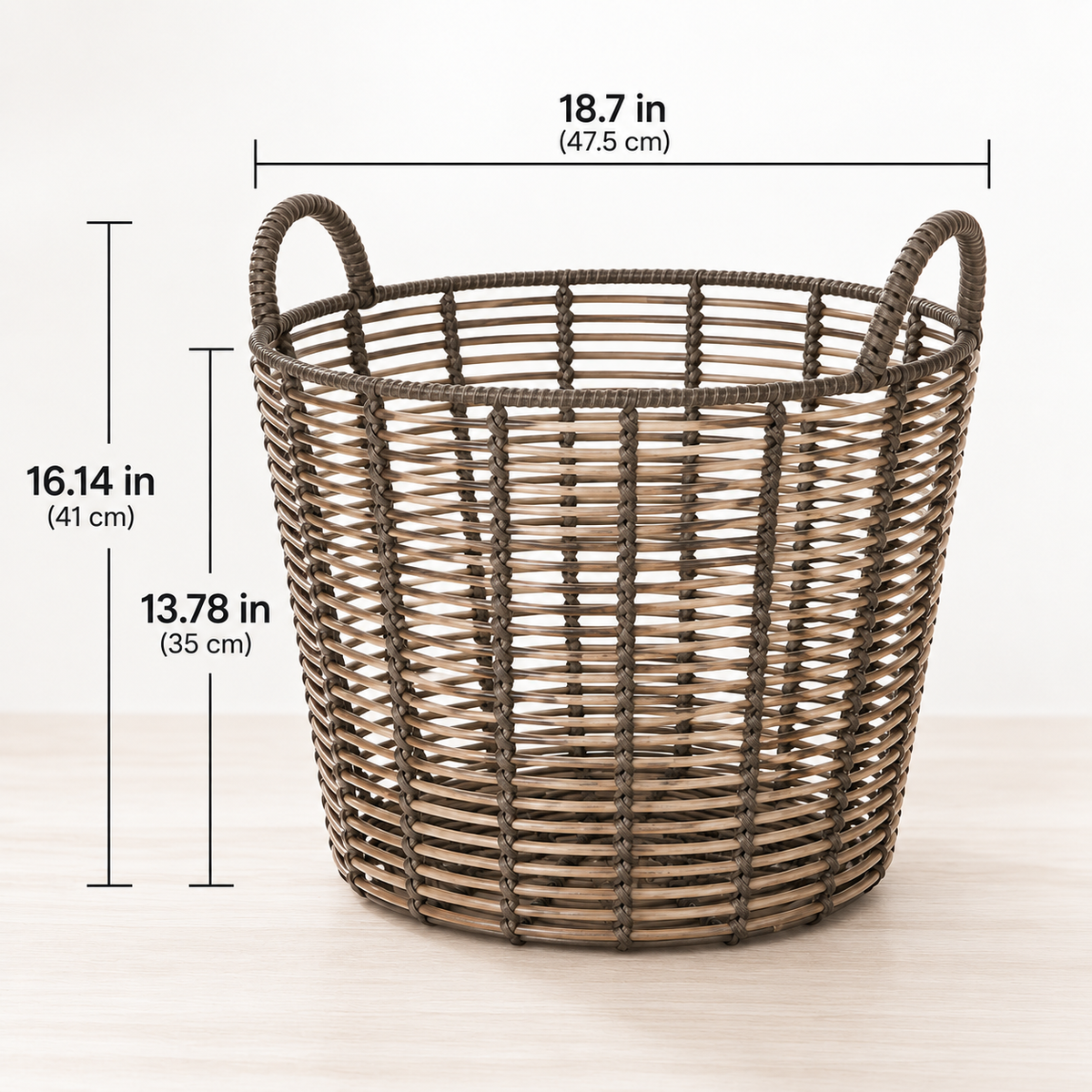 Extra Large Round Woven Storage Basket with Handles, Poly Rattan Organizer for Blankets & Pillows, 18.7 in