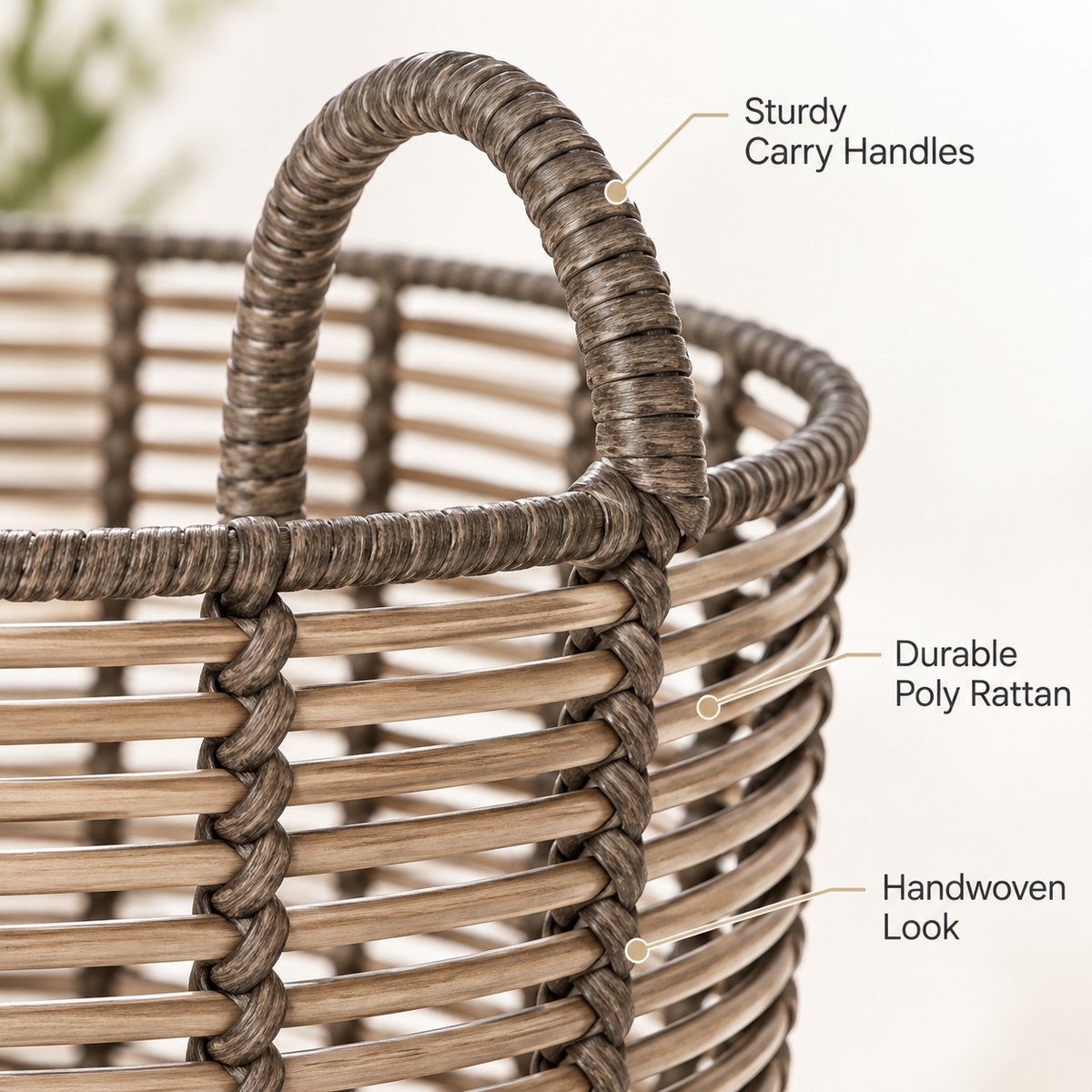 Extra Large Round Woven Storage Basket with Handles, Poly Rattan Organizer for Blankets & Pillows, 18.7 in