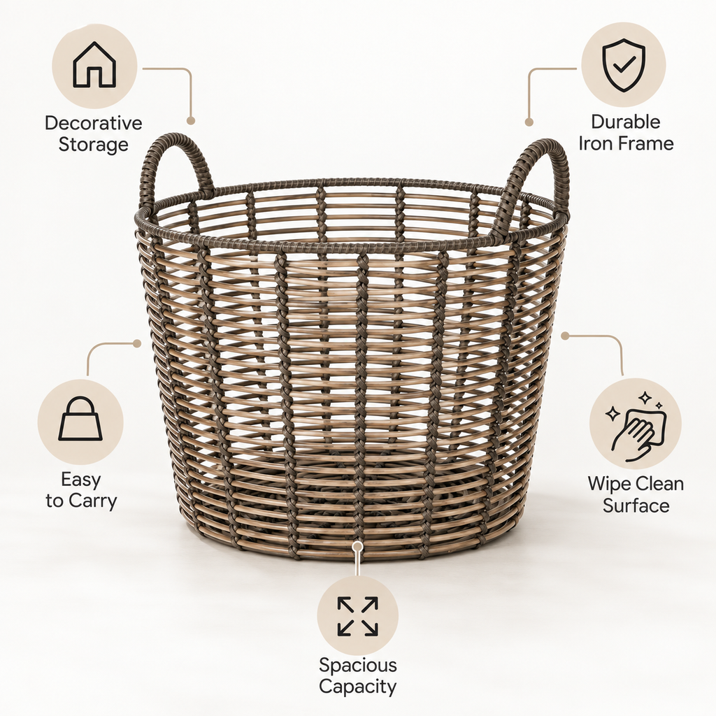 Extra Large Round Woven Storage Basket with Handles, Poly Rattan Organizer for Blankets & Pillows, 18.7 in