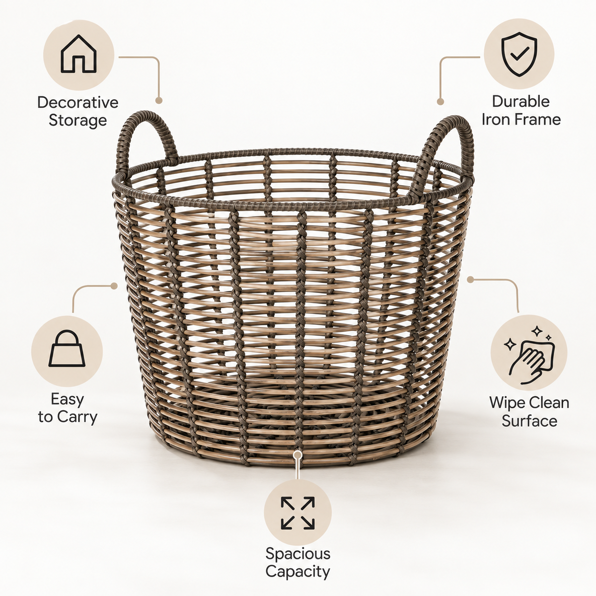 Extra Large Round Woven Storage Basket with Handles, Poly Rattan Organizer for Blankets & Pillows, 18.7 in
