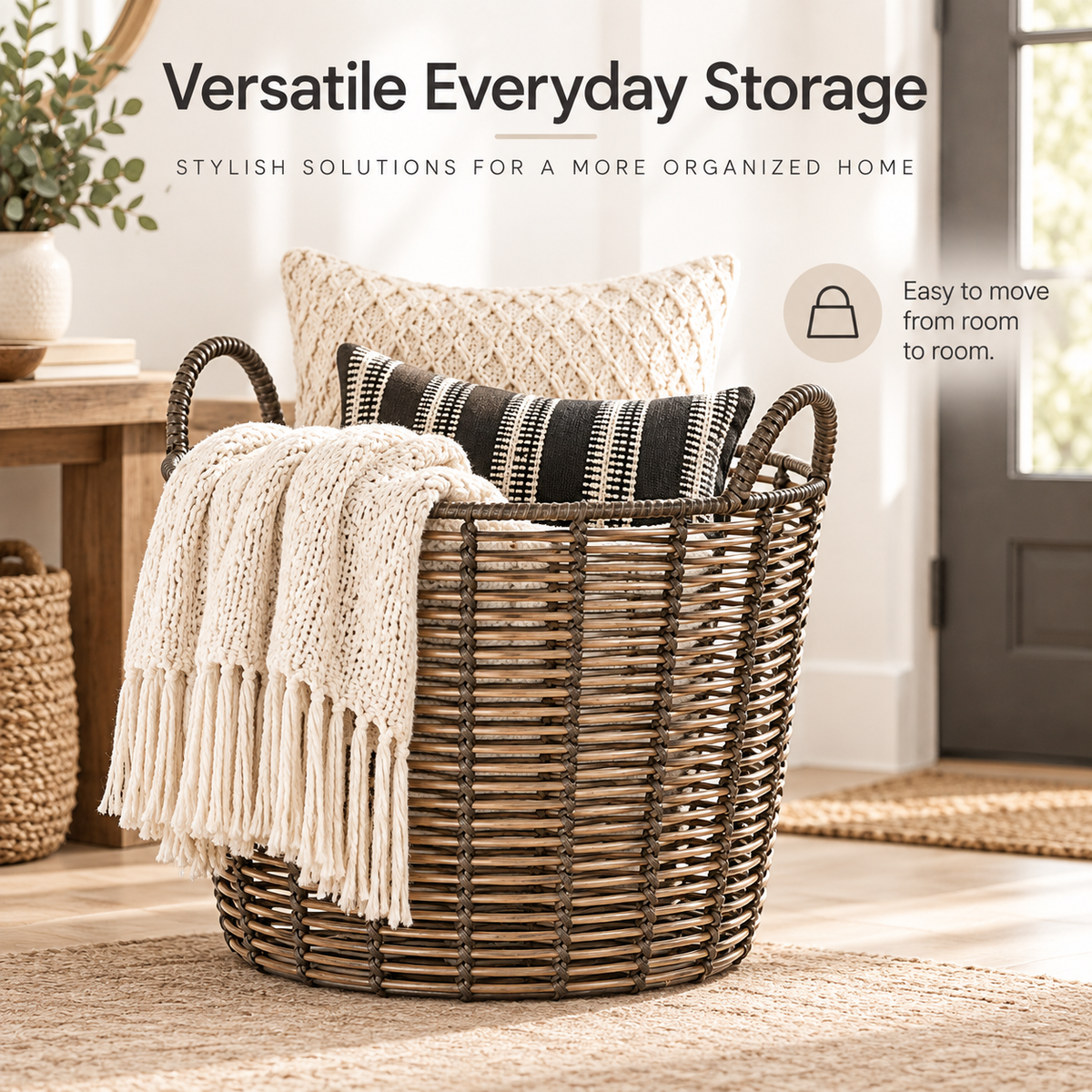 Extra Large Round Woven Storage Basket with Handles, Poly Rattan Organizer for Blankets & Pillows, 18.7 in