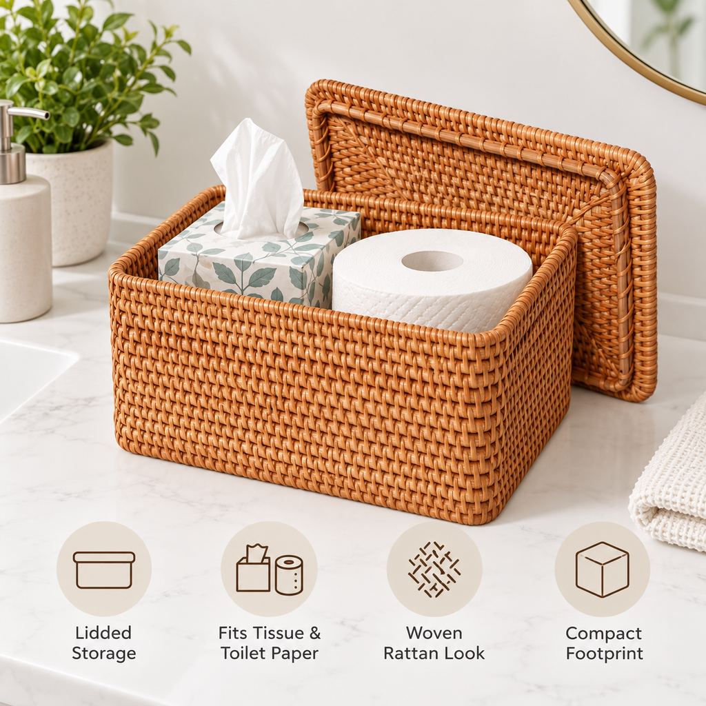 Brown Woven Rattan Storage Basket with Lid, Decorative Organizer for Bathroom, Pantry & Bedroom, 11 x 6 x 6 in