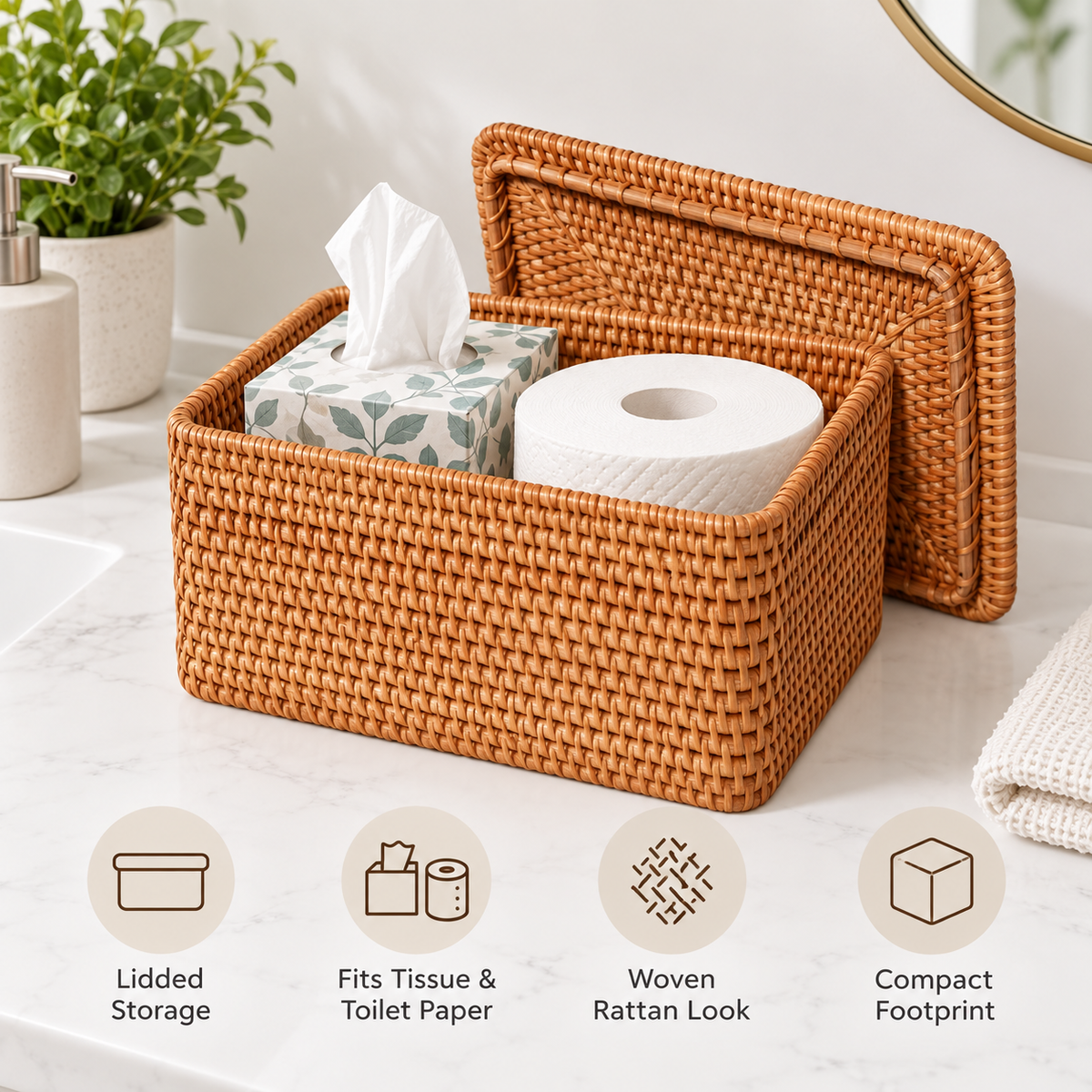 Brown Woven Rattan Storage Basket with Lid, Decorative Organizer for Bathroom, Pantry & Bedroom, 11 x 6 x 6 in