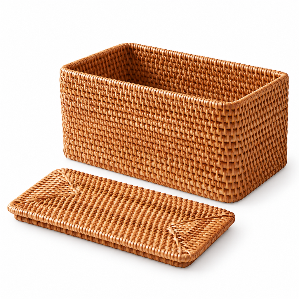 Brown Woven Rattan Storage Basket with Lid, Decorative Organizer for Bathroom, Pantry & Bedroom, 11 x 6 x 6 in