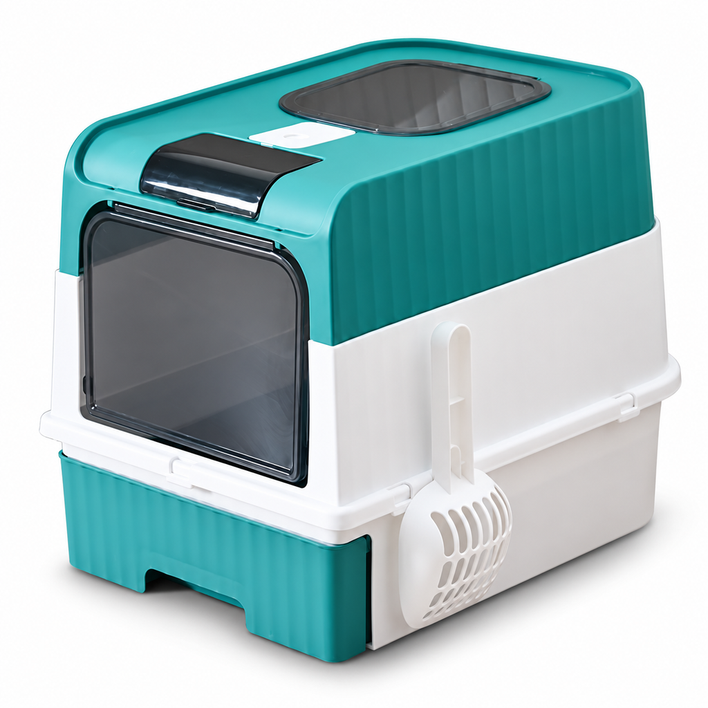Enclosed Cat Litter Box with Drawer & Top Entry, Hooded Cat Toilet with Litter Scoop, Odor Resistant Easy Clean for Indoor Cats