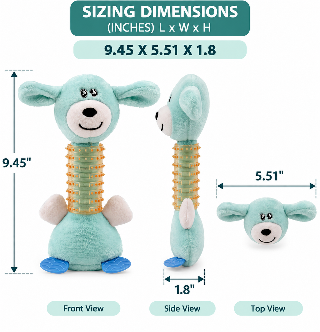 Plush Squeaky Dog Toy with Textured Rubber Chew Neck, Puppy Teething & Interactive Toy, Mint Green, 9.45"