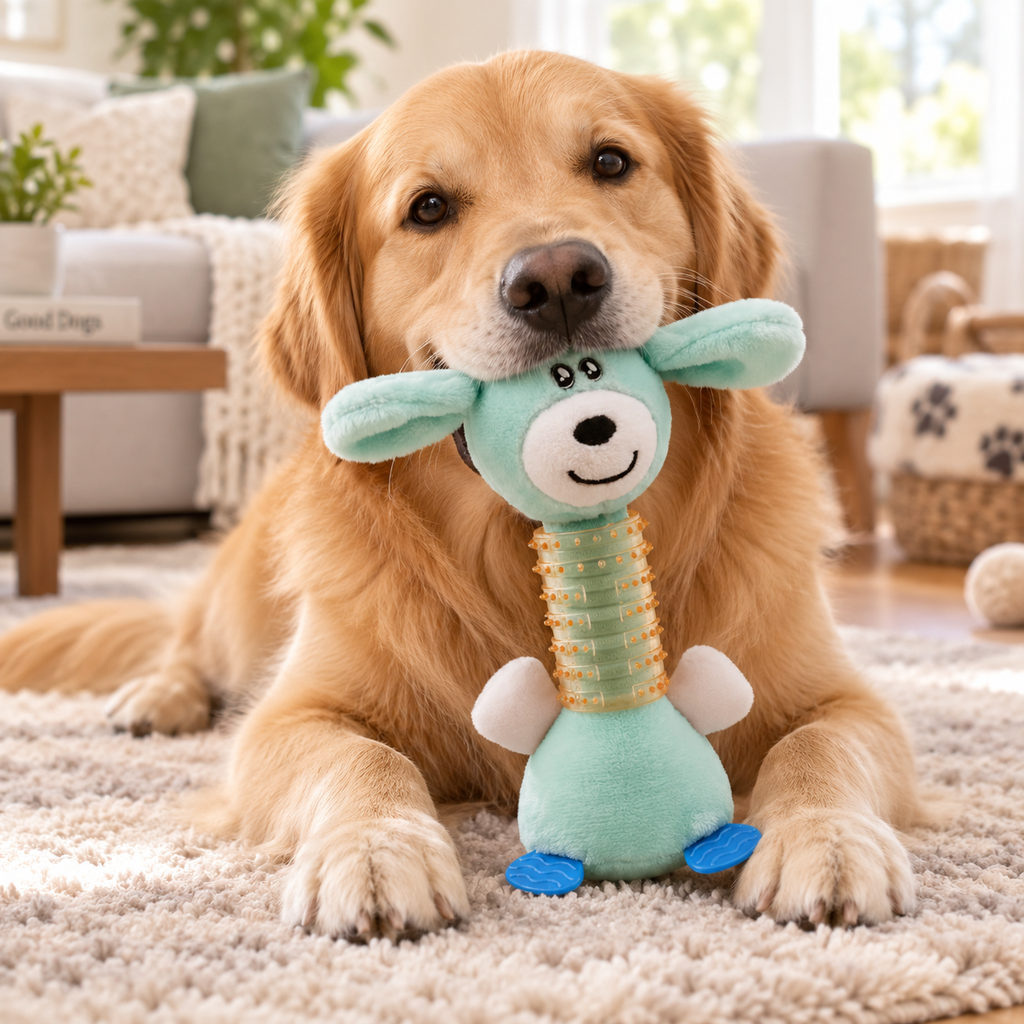 Plush Squeaky Dog Toy with Textured Rubber Chew Neck, Puppy Teething & Interactive Toy, Mint Green, 9.45"