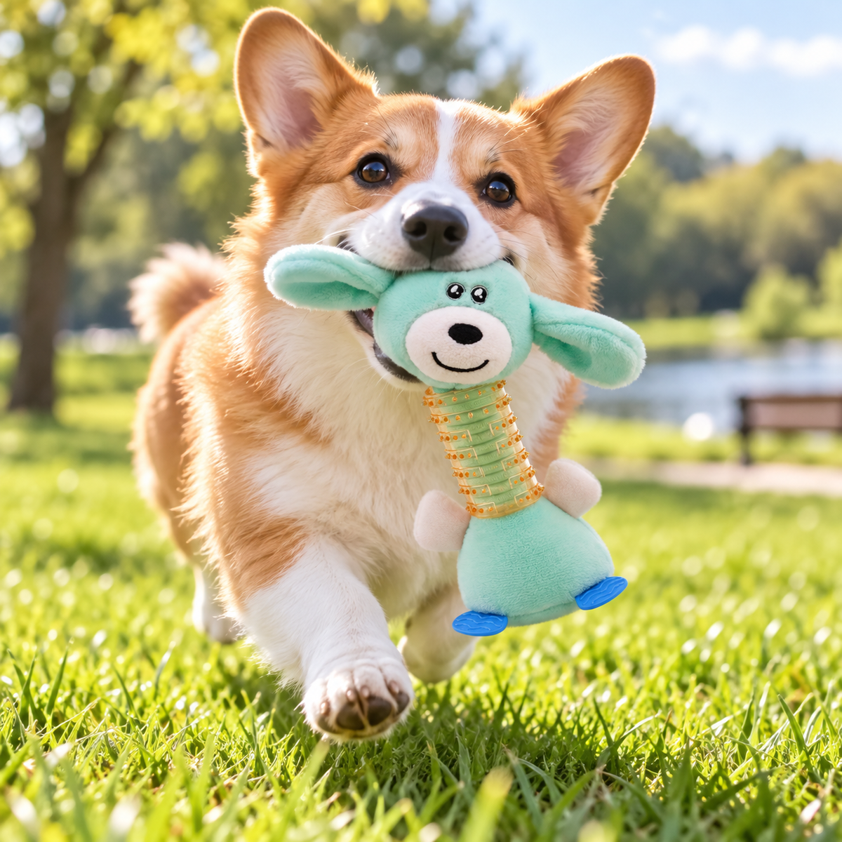 Plush Squeaky Dog Toy with Textured Rubber Chew Neck, Puppy Teething & Interactive Toy, Mint Green, 9.45"