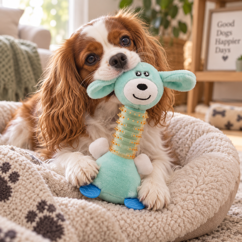 Plush Squeaky Dog Toy with Textured Rubber Chew Neck, Puppy Teething & Interactive Toy, Mint Green, 9.45"