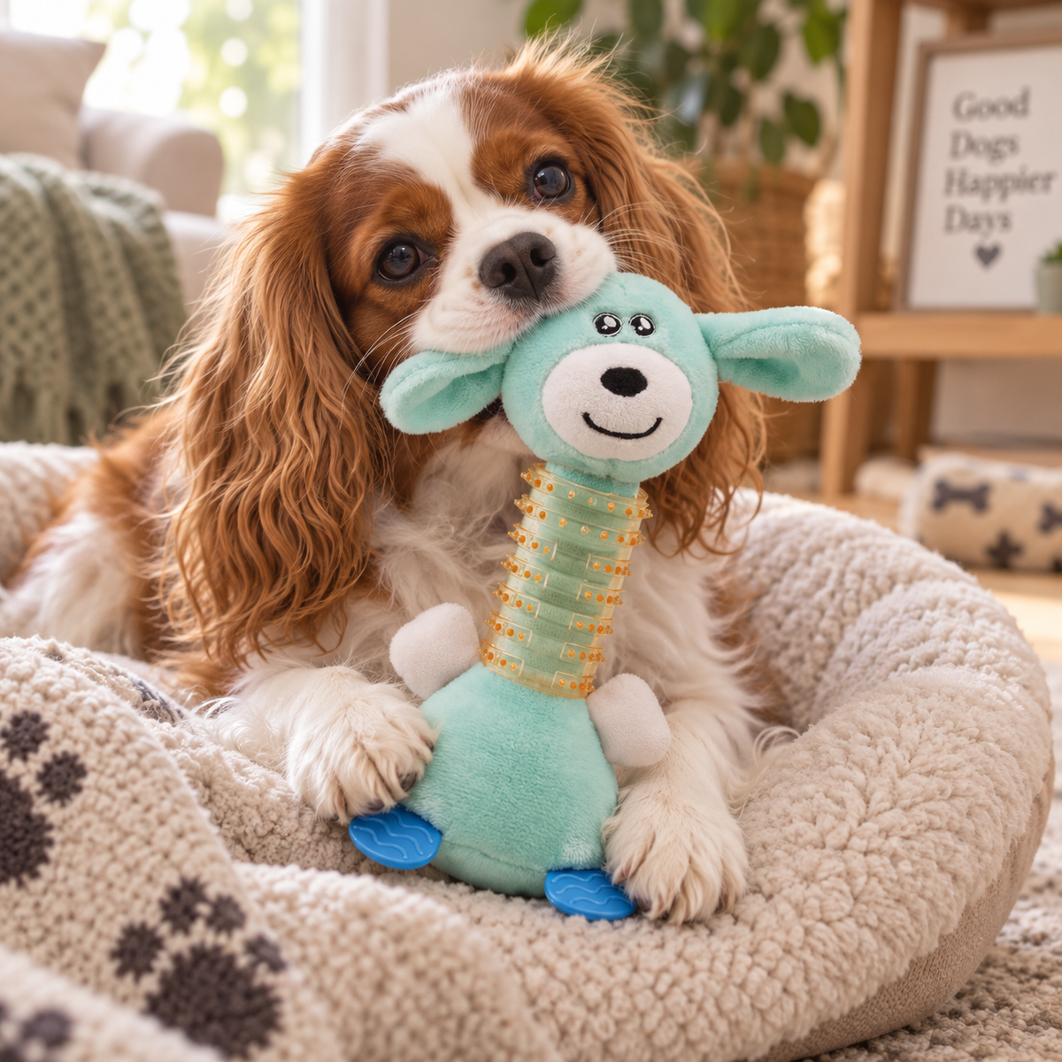 Plush Squeaky Dog Toy with Textured Rubber Chew Neck, Puppy Teething & Interactive Toy, Mint Green, 9.45"