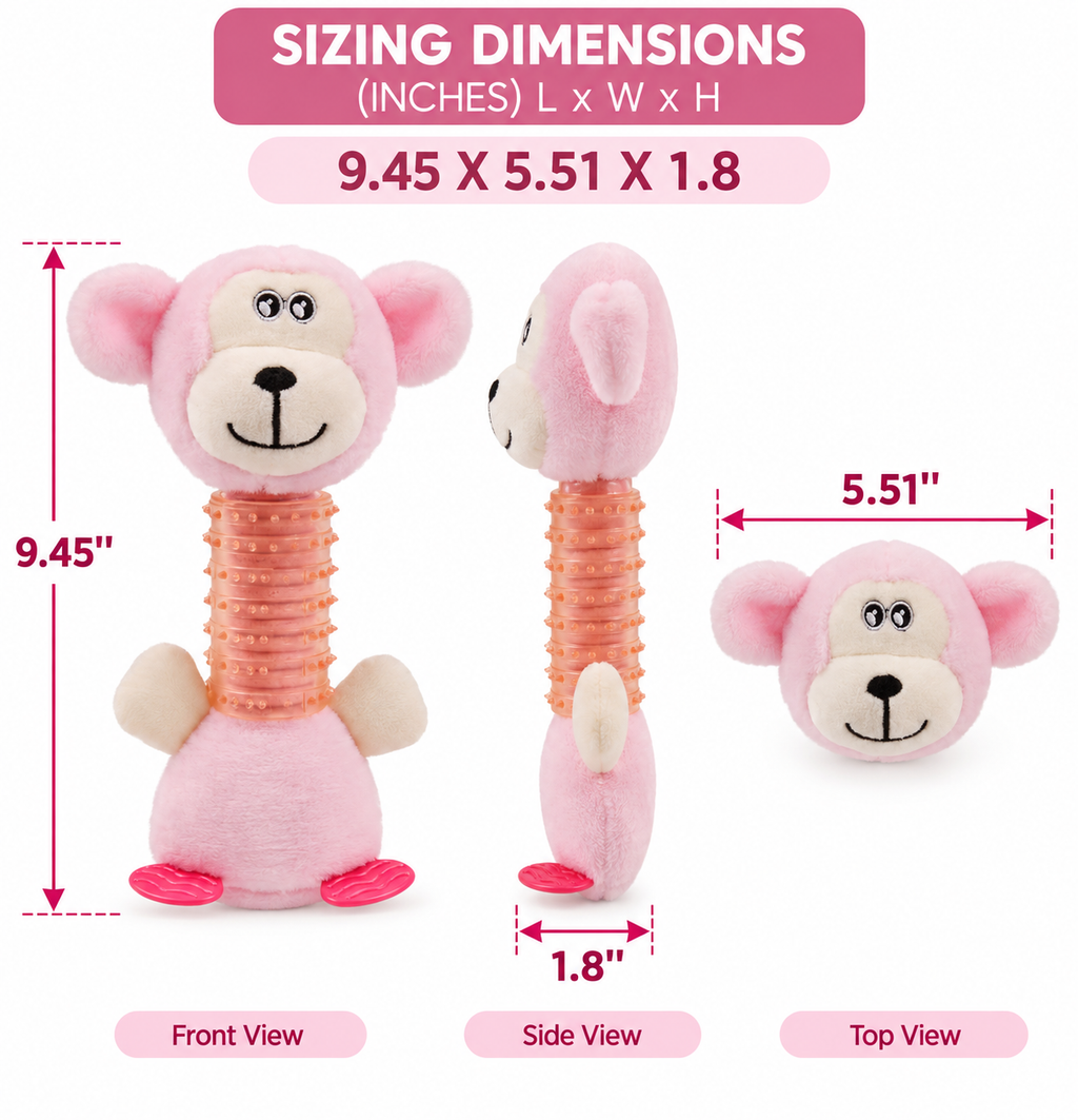 Plush Squeaky Dog Chew Toy with Textured TPR Neck, Pink Monkey Teething Toy for Small & Medium Dogs, 9.45 in