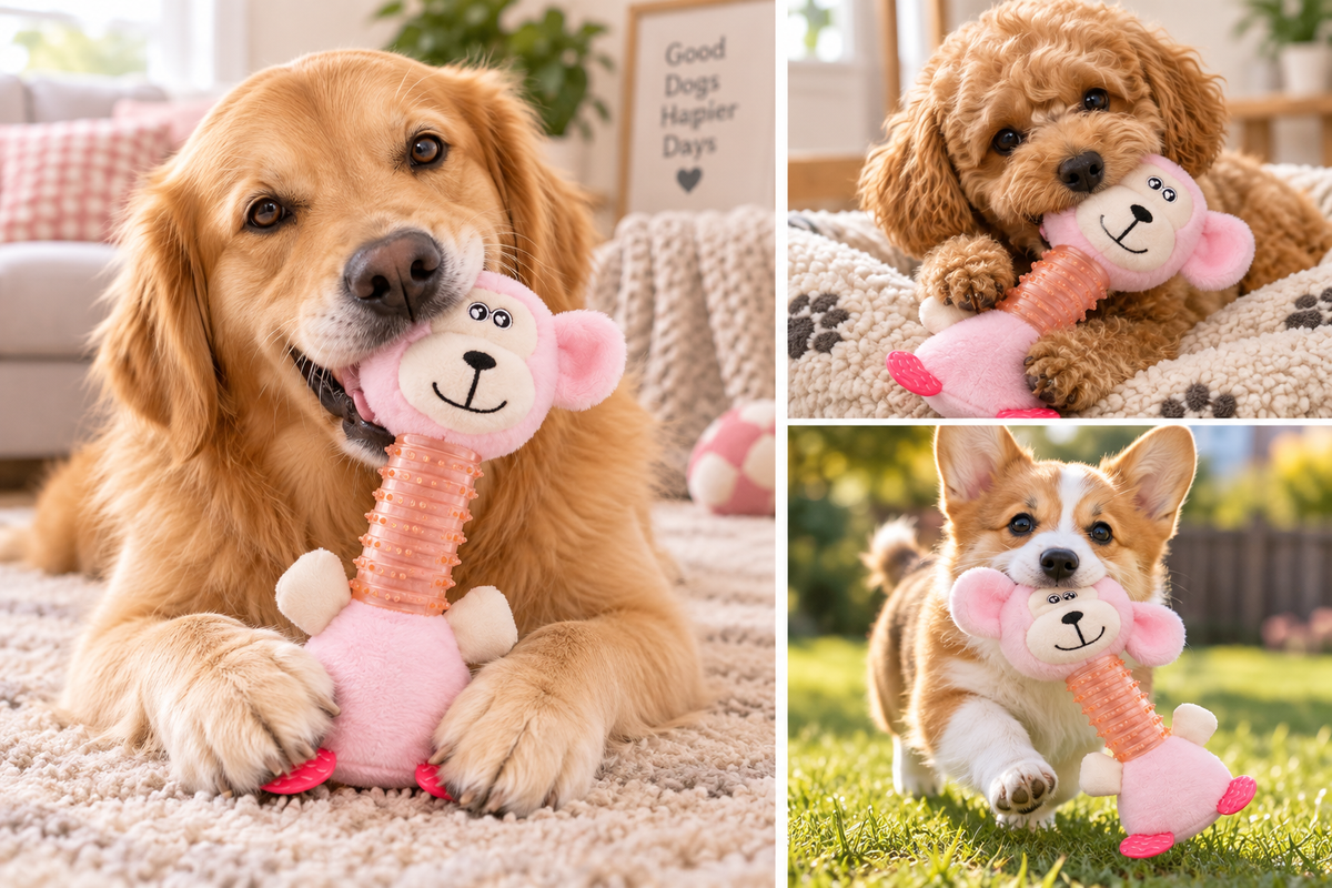 Plush Squeaky Dog Chew Toy with Textured TPR Neck, Pink Monkey Teething Toy for Small & Medium Dogs, 9.45 in