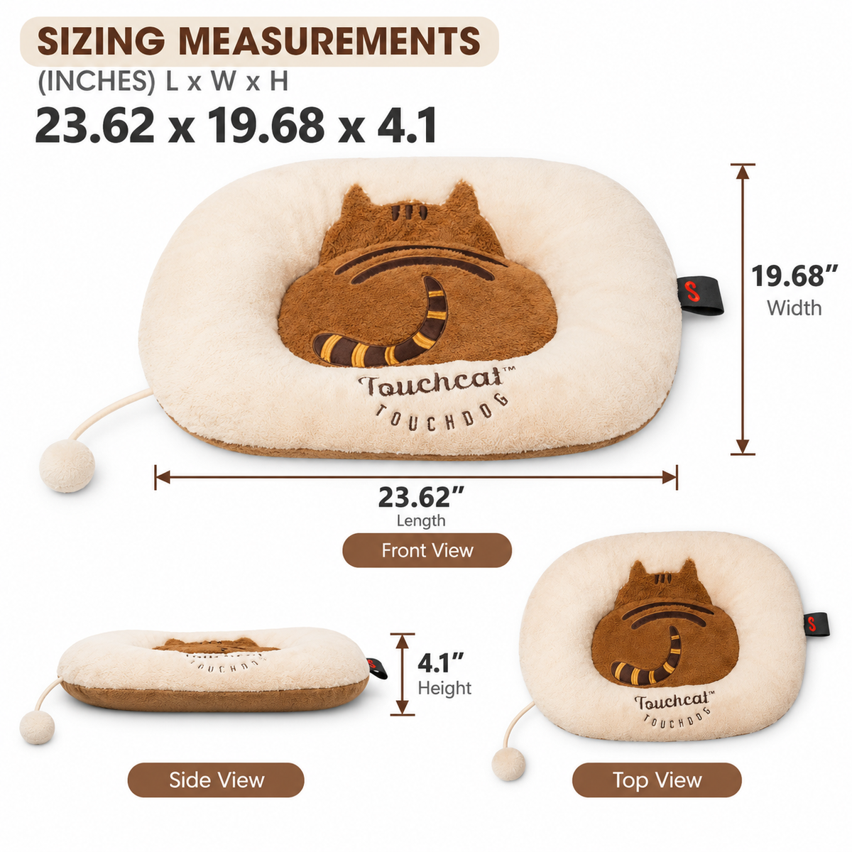 Plush Pet Bed with Raised Bolster & Attached Pom Toy, 23.62 x 19.68 x 4.1 in, Cream/Brown