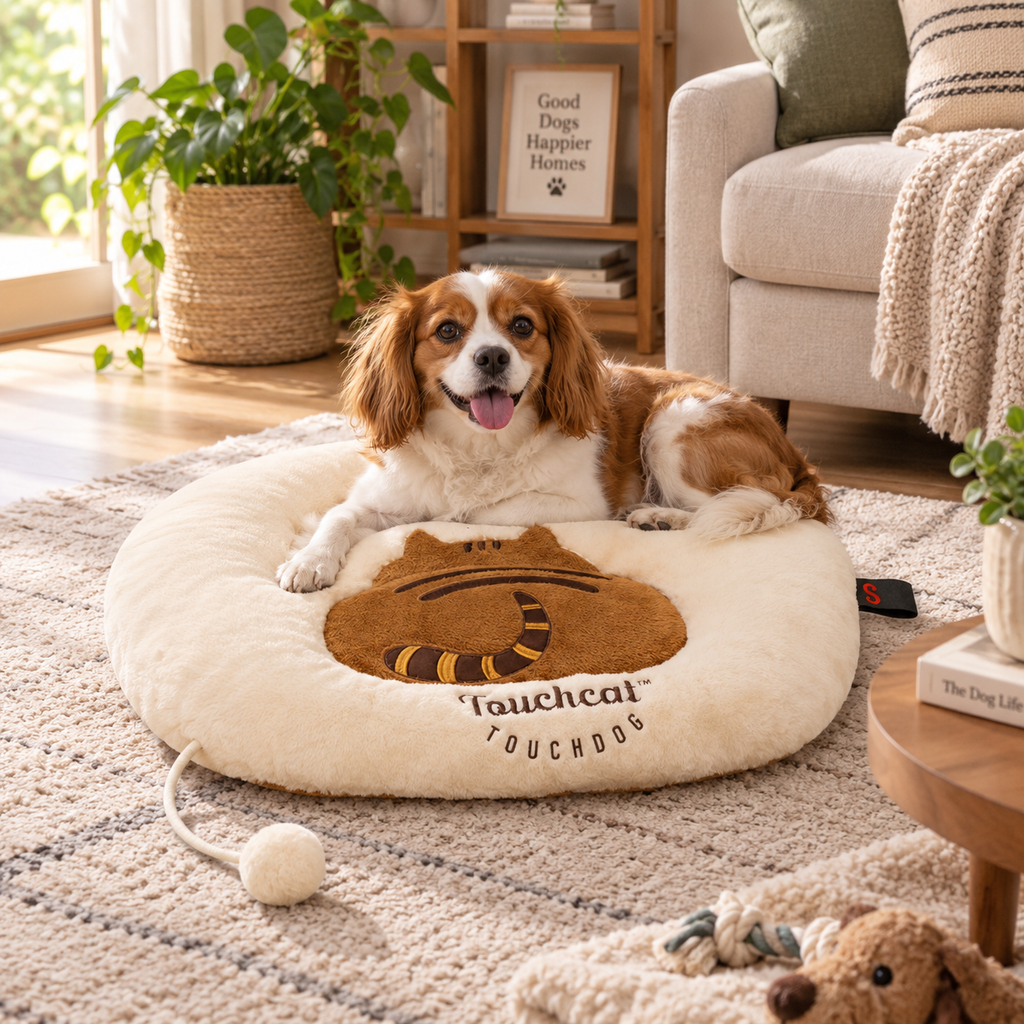 Plush Pet Bed with Raised Bolster & Attached Pom Toy, 23.62 x 19.68 x 4.1 in, Cream/Brown
